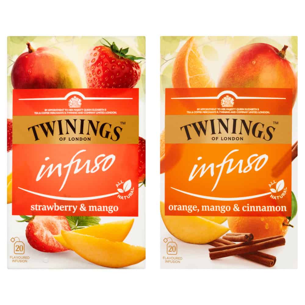 TWININGS Infuso Strawberry & Mango 20x2g Truskawka Mango 5 Soczyste herbaty owocowe Twinings Infuso o smaku truskawki i mango oraz pomarańczy, cynamonu i mango, naturalne napoje o wyjątkowym aromacie, idealne do relaksu i orzeźwienia.