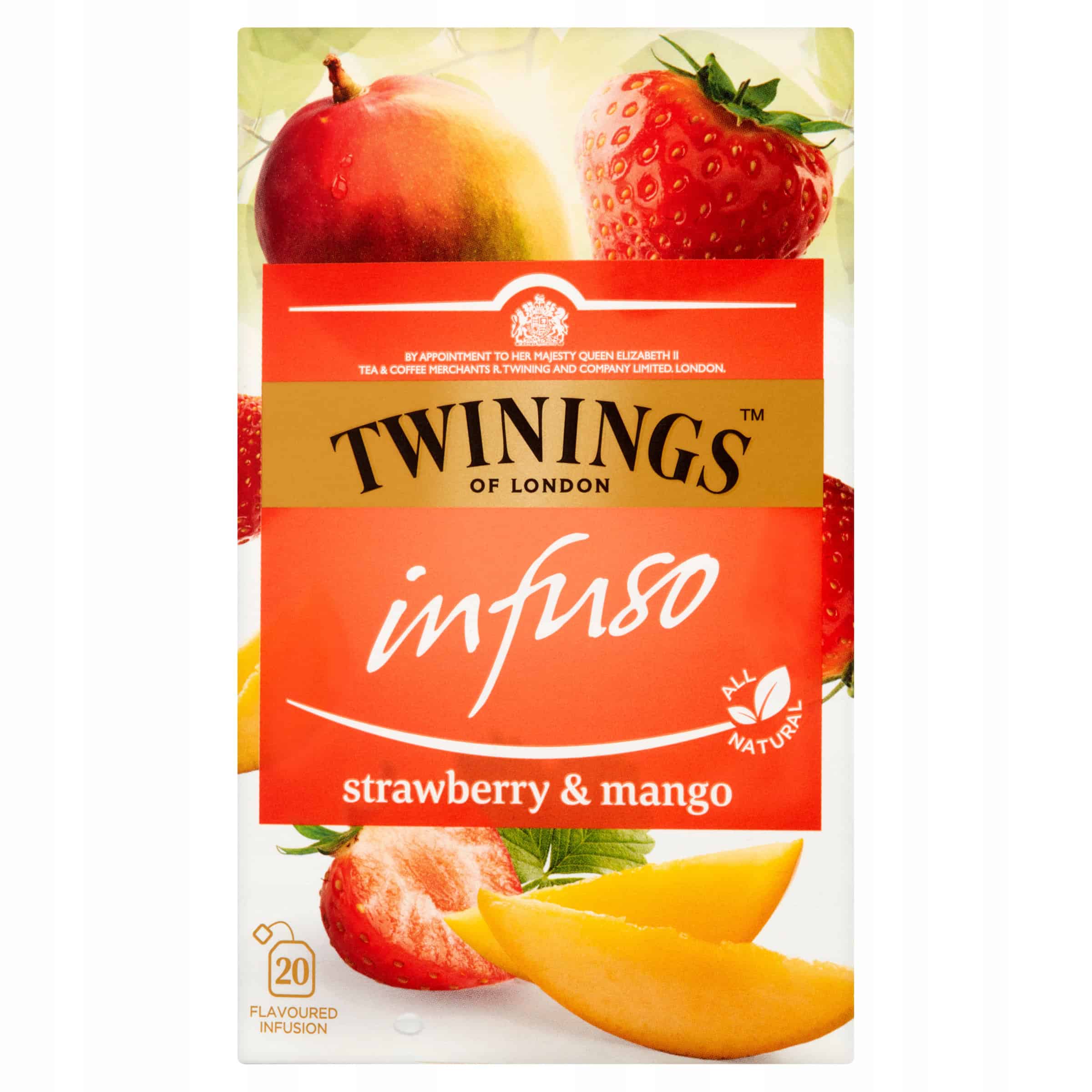 TWININGS Infuso Strawberry & Mango 20x2g Truskawka Mango 3 Skrzynka z herbatą Twinings infuso o smaku truskawki i mango, naturalna herbata owocowa, 20 saszetek, odświeżający napój na bazie owoców, przewiewne opakowanie.
