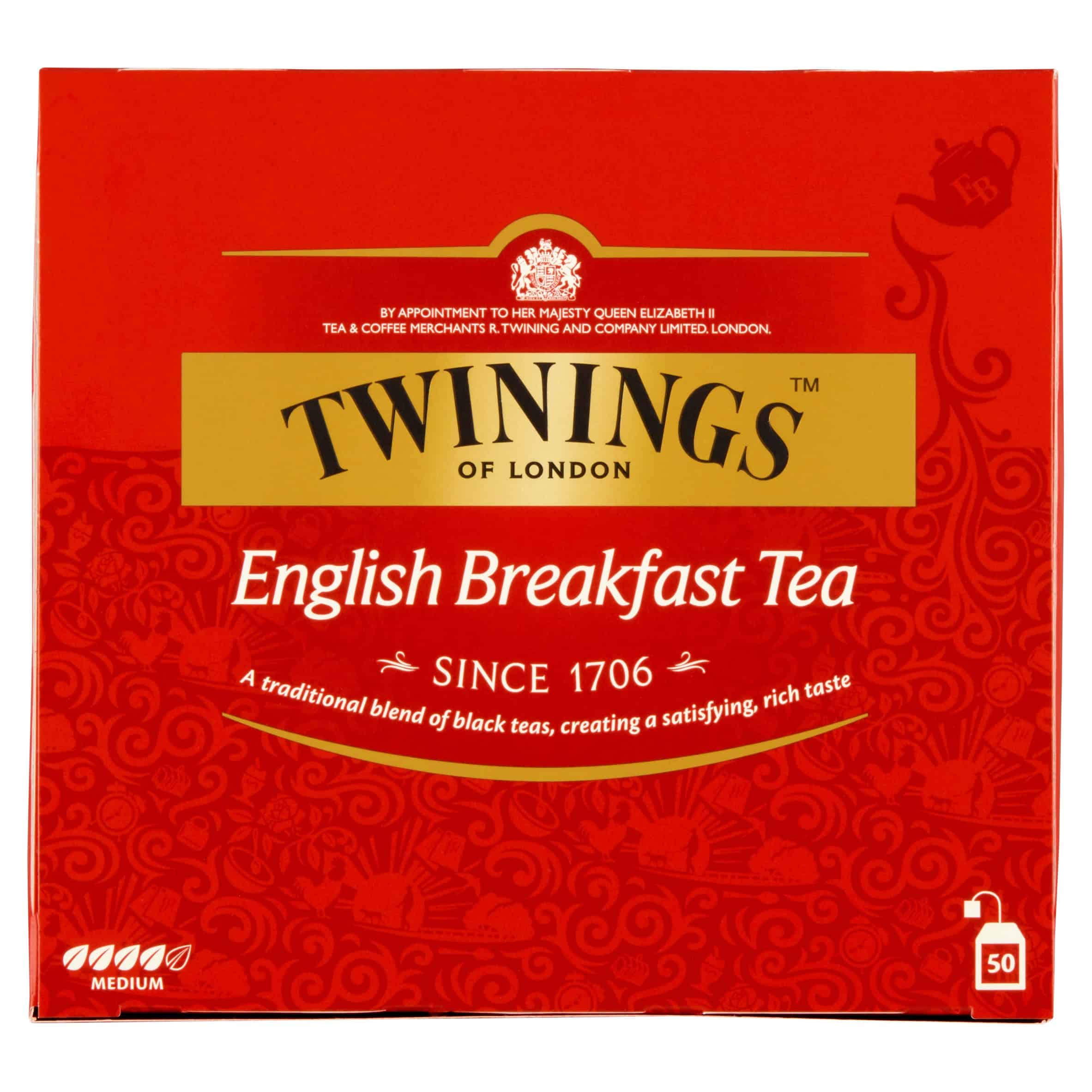 Twinings English Breakfast – czarna herbata (50 torebek) 3 Herbata Twinings English Breakfast, tradycyjna mieszanka czarnych herbat, idealna na śniadanie, dostępna w opakowaniu 50 saszetek. Rekomendowana do codziennego spożycia, wywodzi się z Londynu.