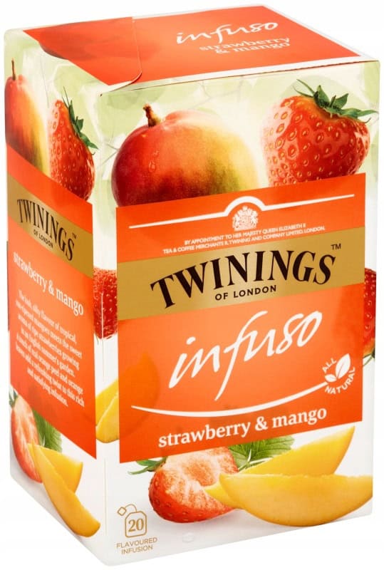 TWININGS Infuso Strawberry & Mango 20x2g Truskawka Mango 2 Słoik herbaty owocowej Twinings infuso truskawka i mango, naturalne składniki, aromatyczna herbata na zimno, przedstawia owocową herbatę w opakowaniu, idealna na gorące dni i relaksujące chwile.