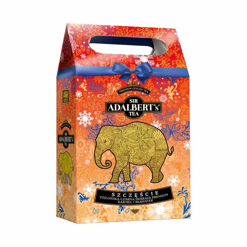 Adalbert's Szczęście – czarna herbata liściasta z karmelem (50 g) 1 Herbata czarna Sir Adalbert's Tea Lucky Elephant, eleganckie opakowanie z motywem słonia, aromatyczna mieszanka herbata premium z nutami karmelu i jaśminu, idealna do relaksu i poprawy nastroju.