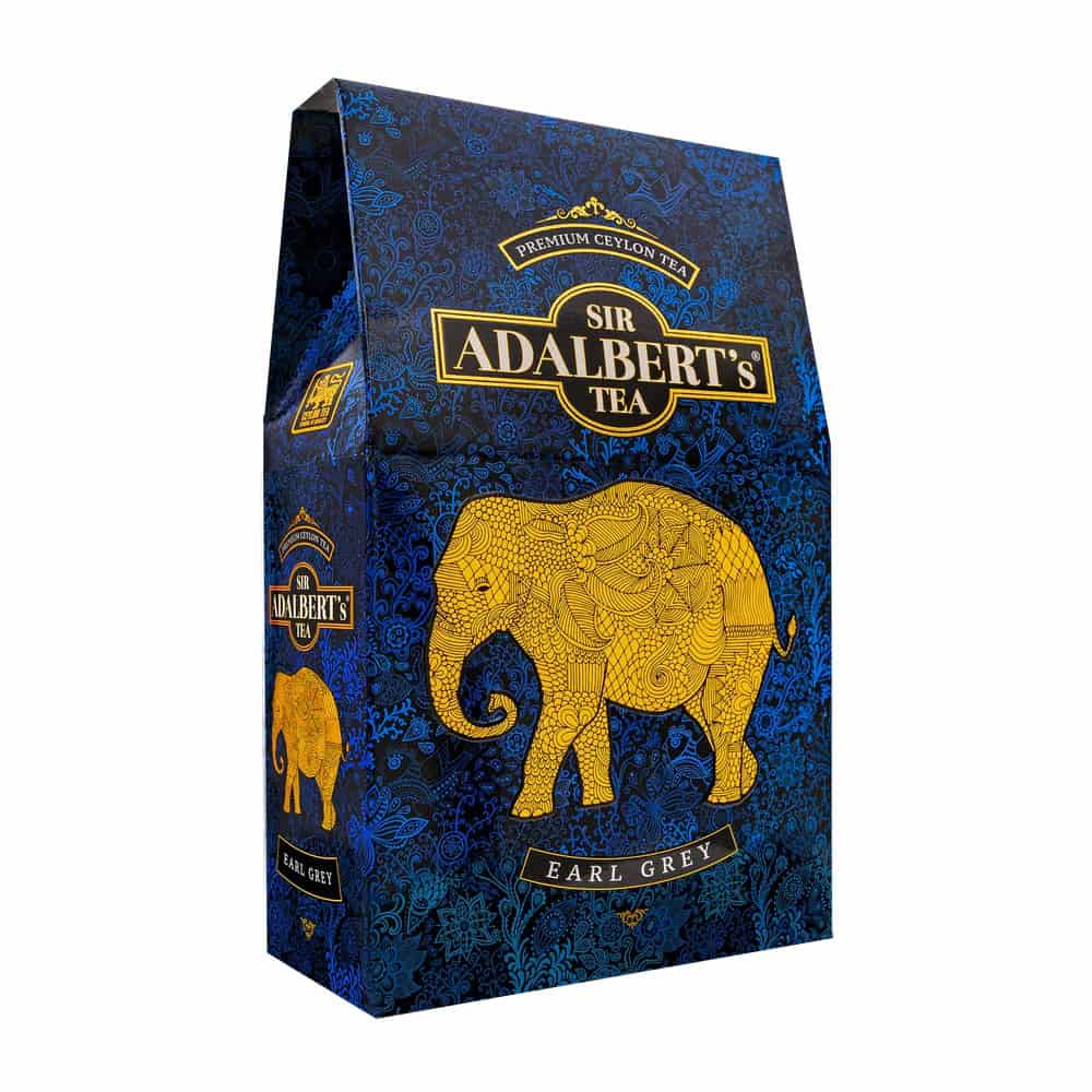 Herbata ADALBERT'S TEA EARL GREY 1 Ekskluzywna herbata czarna Earl Grey Sir Adalbert's Tea, aromatyczna, wysokiej jakości liście z Cejlonu, elegancka opakowanie z kolorowym słoniem, idealna dla miłośników herbaty.
