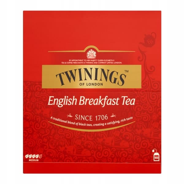 Herbata Twinings of London English Breakfast - miedziana puszka z czerwonym designem, klasyczny napar do śniadania, bogaty smak czarnej herbaty od 1706 roku, idealna na energiczny początek dnia, wysokiej jakości herbata czarna.