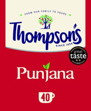 Naturalny herbata punjabi Thomspson’s z 40 filtrów, dobrze smakująca i aromatyczna, idealna na każdy dzień. Opakowanie z wyróżnieniem Great Taste 2023, symbol jakości i tradycji.