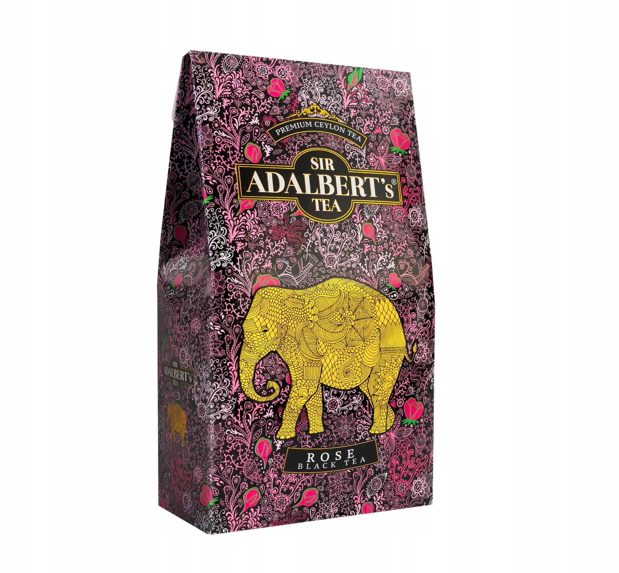 Herbata ADALBERT'S ROSE BLACK TEA 3 Ekskluzywne opakowanie herbaty Sir Adalbert's, różowe i złote wzory, elegancka czarna herbata z różami, wyjątkowe dopełnienie rytuałów parzenia.