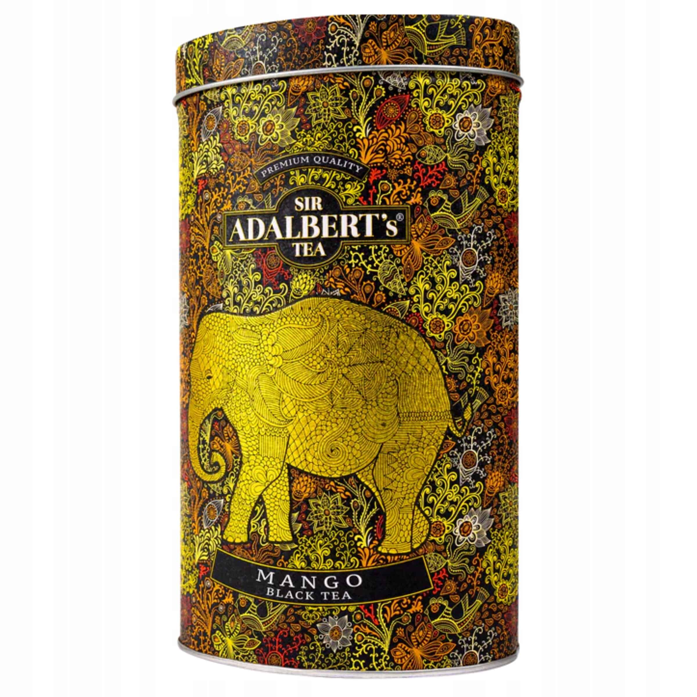Alternatywny tekst: Czarne herbaty Adlbert's Tea z aromatem mango w eleganckim opakowaniu z kolorowym, artystycznym wzorem i złotym słoniem, idealne na wyjątkowe chwile relaksu.