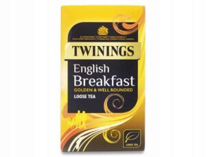 Herbata Twinings English Breakfast, liściasta, o złotym i okrągłym smaku, idealna na śniadanie, bez kofeiny, pakowana luzem, wysokiej jakości produkt do picia.