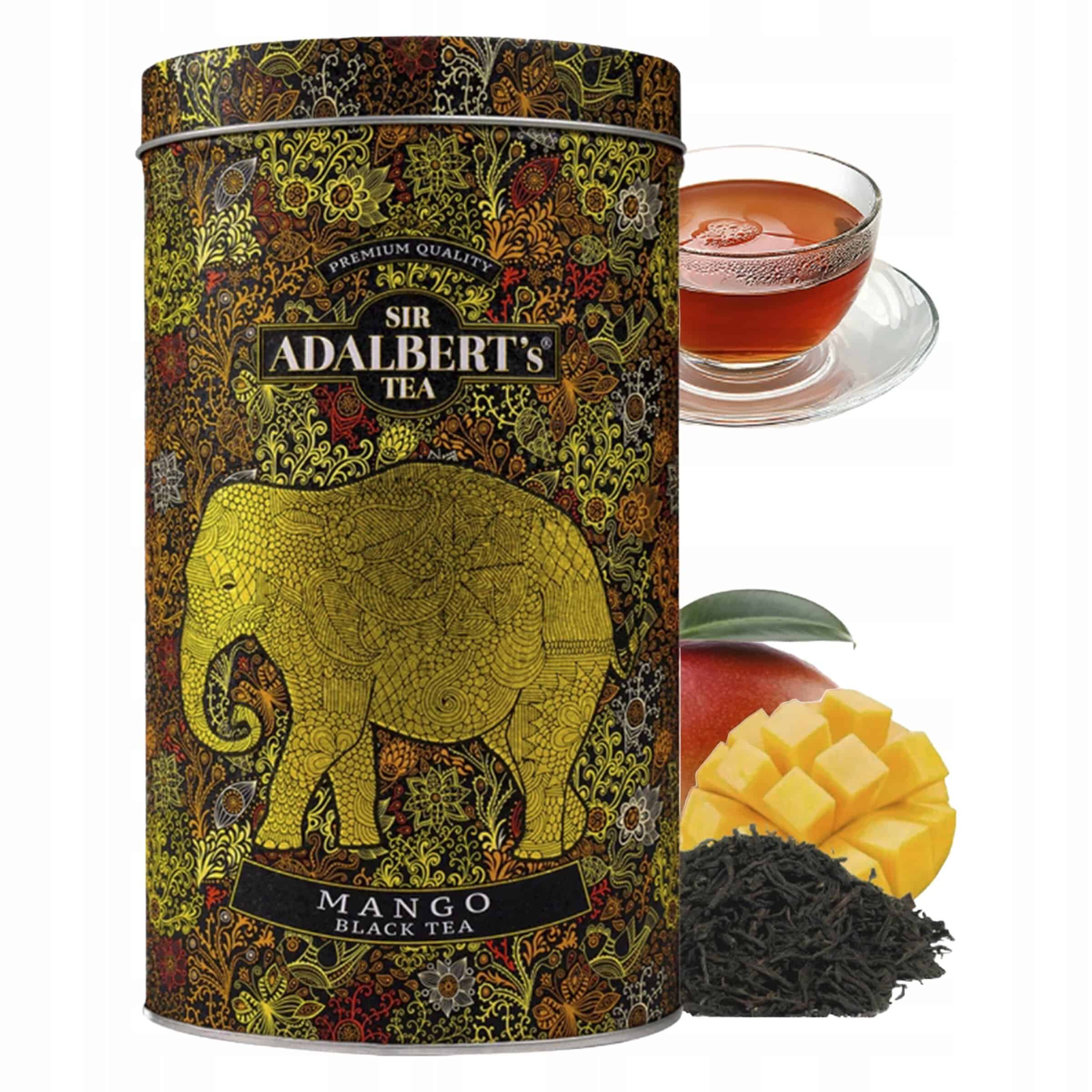 Atrybut: herbata czarna mango w puszce, z suszonymi liśćmi, mango i herbatą na tle filiżanki herbaty, na białym tle.
