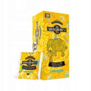 Lemoniade z czarnego herbaty Cejlon z cytryną i limonką, pakowana w 20 saszetek, naturalny napój energetyczny, idealny na co dzień, orzeźwiający smak, produkt Sir Adalbert’s Tea.