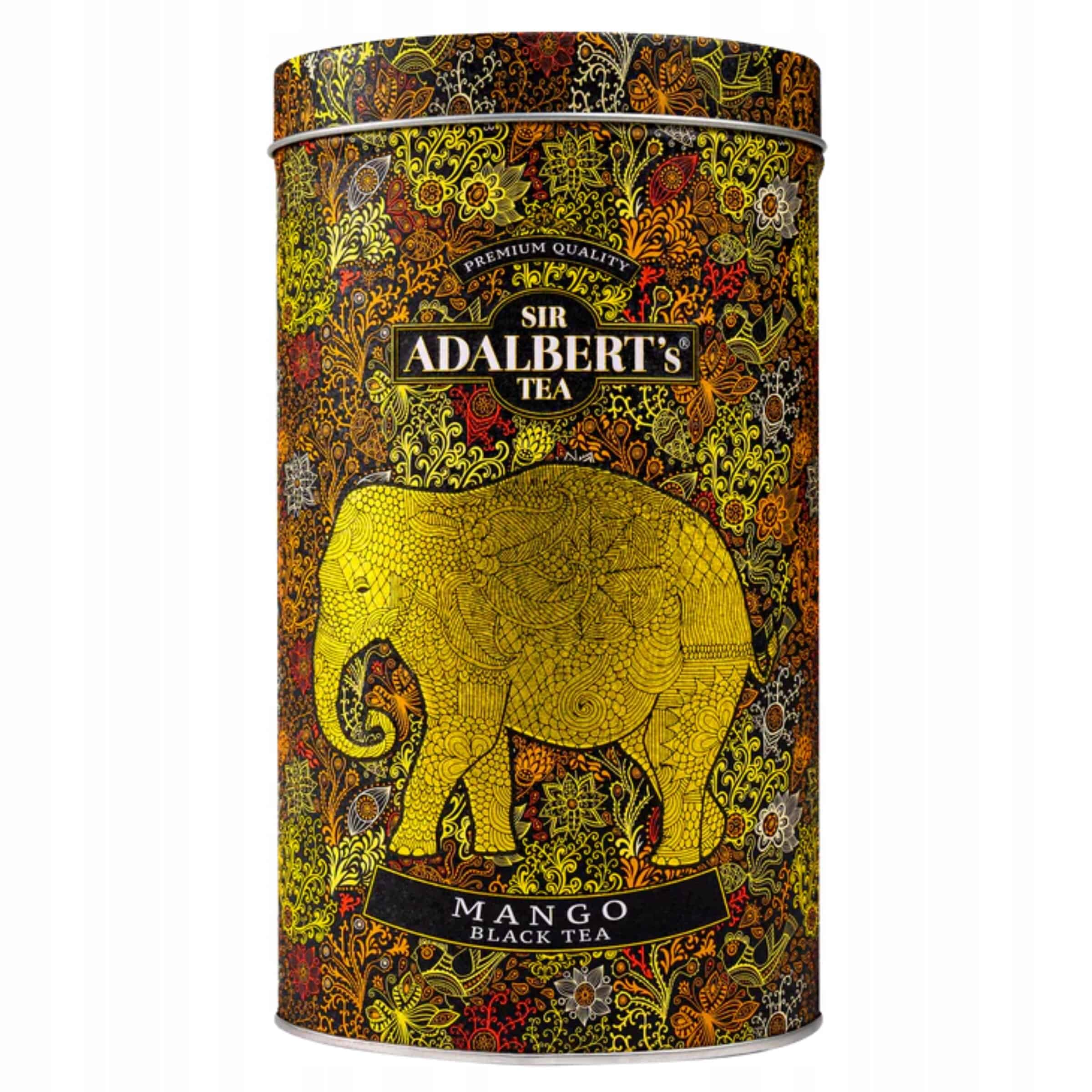 Przedmiotowy opis zdjęcia: Opakowanie czarnej herbaty mango od Sir Adalbert's Tea z ozdobnym, kolorowym wzorem przedstawiającym słonia w stylu artystycznym.