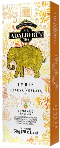 Zestaw 20 saszetek herbaty czarnej z imbirem Sir Adalbert's, naturalna herbata w eleganckim opakowaniu, wspierająca odporność, energię i zdrowe żywienie.