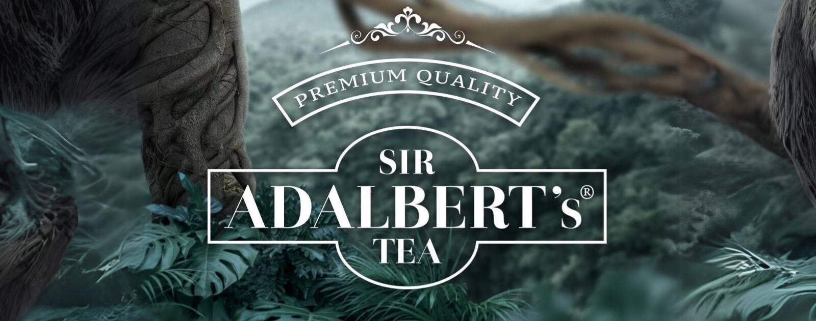 Naturalny herbata Sir Alvin's Tea w eleganckim logo na tle egzotycznych liści i wody, symbolizujący wysoką jakość i luksusowe doznania herbaciane.