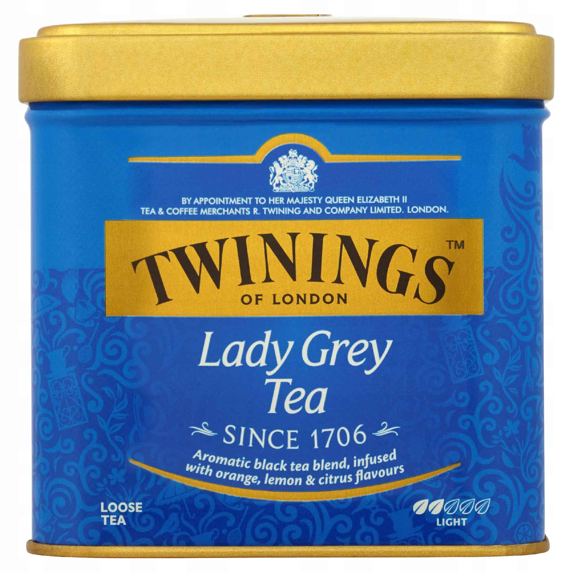 Herbata Lady Grey Twinings, angielska herbata czarna z aromatem cytrusów, pomarańczy i lemonki, opakowanie w stylu klasycznym, idealna na relaks i dodanie energii.
