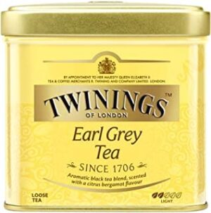 Aromatyczna herbata Earl Grey Twinings, czarna herbata z aromatem bergamot, opakowanie w żółtym kubrze, idealna na relaks i pobudzenie z witaminami, 100g.