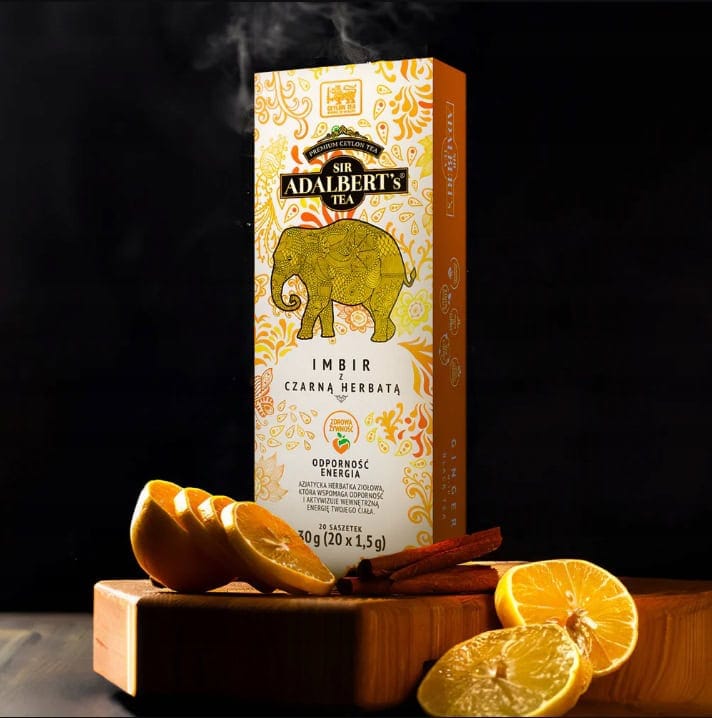 Herbata czarna Imbir, Adalbert's Tea, zdrowa herbatka z naturalnym imbirem, wspiera odporność i energię, idealna do codziennego spożycia, pakowana w wygodne saszetki 20 x 1,5g.