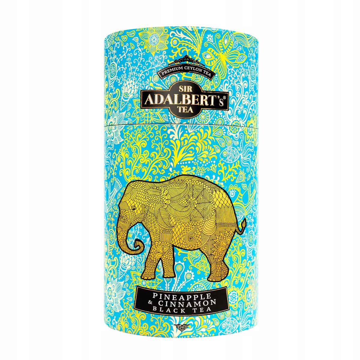 Adalbert's Pineapple & Cinnamon – czarna herbata liściasta z ananasem i cynamonem (100 g) 2 Etykieta na puszce herbaty Sir Adalbert's Pineapple & Cinnamon Black Tea z jaskrawym, artystycznym wzorem w kolorach niebieskiego, żółtego i czarnego, z sylwetką słonia na tle egzotycznego designu.