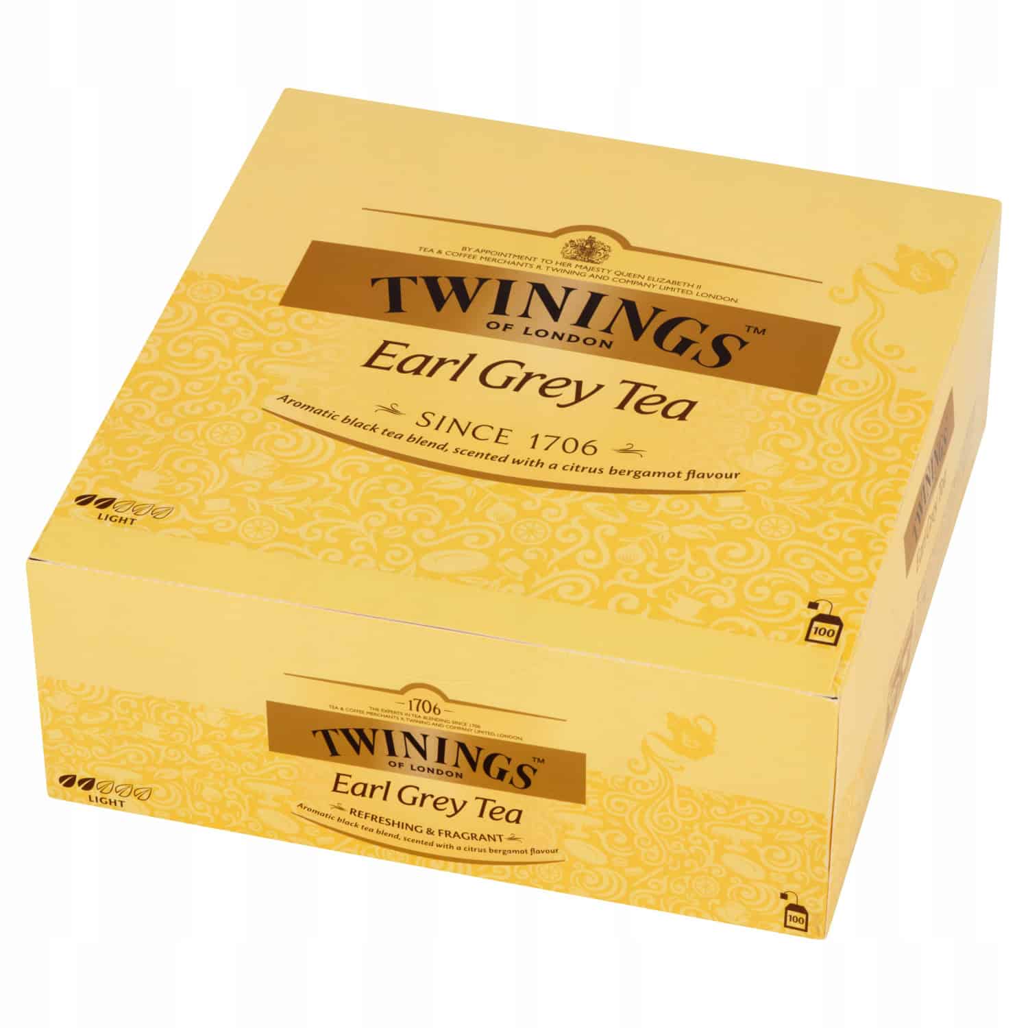 Earl Grey tea z Twinings w żółtej opakowaniu, aromatyczny czarny tea blend o cytrusowym bergamotowym smaku, idealny na relaks i codzienną elegancję, produkt wysokiej jakości.