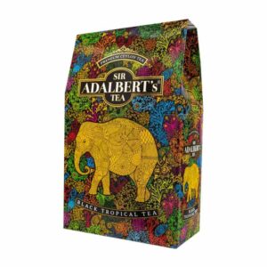 Paczka herbaty Sir Adalbert's Tea Black Tropical Tea z kolorowym, artystycznym wzorem przedstawiającym słonia na tle roślin i kwiatów, luksusowa herbata czarna o tropikalnym smaku.