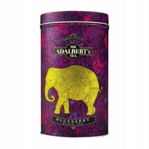 Pudełko z herbatą Sir Adalbert's Blueberry Black Tea, eleganckie opakowanie z kolorowym wzorem i żółtym słoniem, premium cejlońska herbata z jagodami, ekskluzywna herbata czarna.