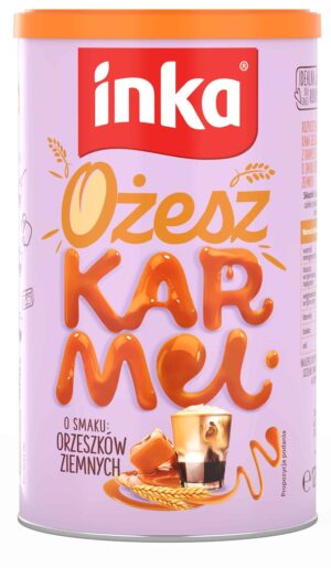 Słodycz z orzeszków ziemnych w kawie na tle lany cukier i filiżanka kawy z pianką z karamelu, prezentacja smaku orzeszków ziemnych w kawowych napojach, opakowanie produktu FlowTea.