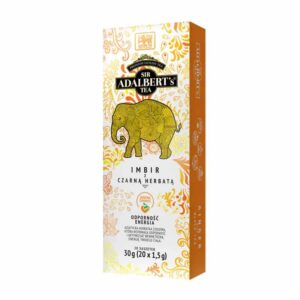 Ekologiczna herbata z czarnej herbaty z imbirem, pakowana w opakowaniu FlowTea.