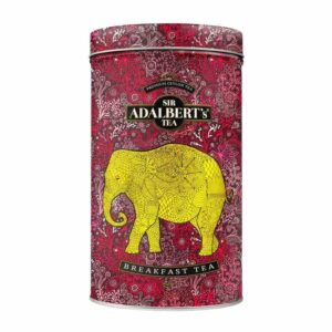 Aromatyczna herbata Adalbert's Tea Sir Adalbert's Breakfast Tea w eleganckim opakowaniu z kolorowym wzorem i sylwetką słonia, idealna na śniadanie, naturalne składniki, bogaty smak, wygodny pakiet.