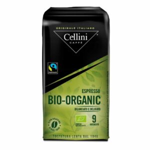 Naturalna kawa organiczna Bio-Organic sprzedawana w opakowaniu marki Cellini, idealna do przygotowania aromatycznego espresso o delikatnym smaku.