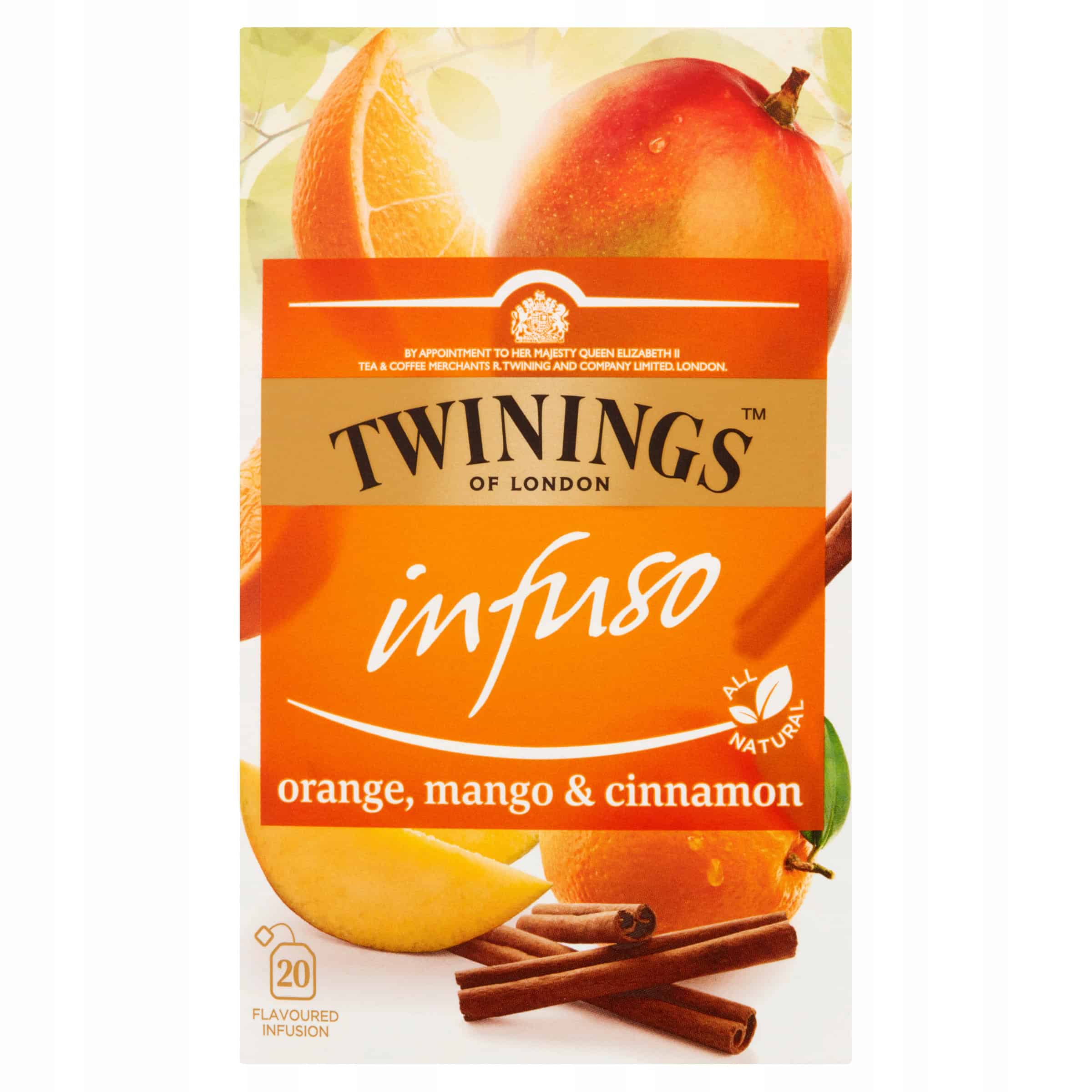 TWININGS Infuso Strawberry & Mango 20x2g Truskawka Mango 6 Szerokie spektrum smaków herbaty infuso o smaku pomarańczy, mango i cynamonu, naturalne składniki, idealne na chłodne dni, 20 porcji, wysokiej jakości herbaciany napar Twinings of London.