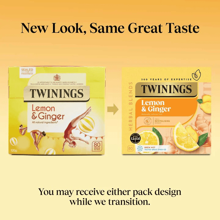 Twinings Lemon & Ginger 80 3 Lemon & Ginger herbální herbaty Twinings, nowoczesny design opakowania, naturalne składniki i intensywny smak. Idealne na chłodne dni, wspomagają odporność i relaks.