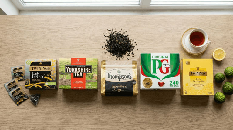 Ranking TOP 5 angielskich herbat: Yorkshire Tea, Twinings Earl Grey, PG Tips i Thompsons na drewnianym stole.